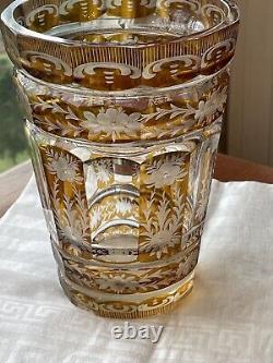 Antique Bohemian Moser Amber Art Glass engraved and Cut-to-Clear Deco Vase