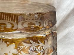 Antique Bohemian Moser Amber Art Glass engraved and Cut-to-Clear Deco Vase