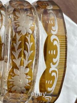 Antique Bohemian Moser Amber Art Glass engraved and Cut-to-Clear Deco Vase