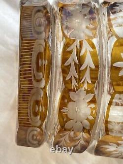 Antique Bohemian Moser Amber Art Glass engraved and Cut-to-Clear Deco Vase