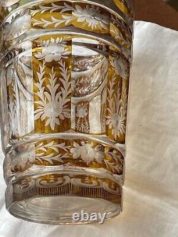 Antique Bohemian Moser Amber Art Glass engraved and Cut-to-Clear Deco Vase