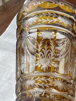 Antique Bohemian Moser Amber Art Glass engraved and Cut-to-Clear Deco Vase