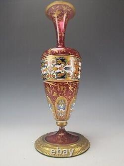 Antique Bohemian Moser Cranberry Enamel Overlay Cut Back Glass Vase