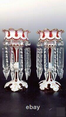Antique Bohemian Moser Cranberry Overlay Cut Glass Mantle Lusters Prisms Lustre