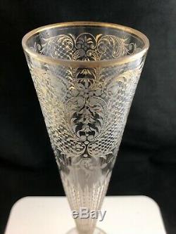 Antique Bohemian Moser Cut & Engraved Gold Gilt 14 1/2 Conical Trumpet Vase