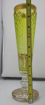 Antique Bohemian Moser Enameled Clear and Yellow Cut Glass Vase 10 1/4 inch