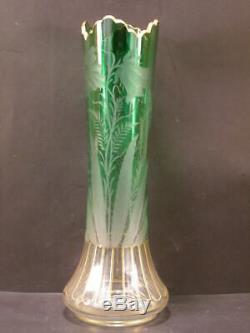 Antique Bohemian Moser Green Intaglio Cameo Cut Glass Tulip Flower Faceted Vase