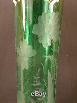 Antique Bohemian Moser Green Intaglio Cameo Cut Glass Tulip Flower Faceted Vase