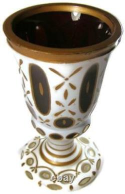 Antique Bohemian Moser White Cut to Cranberry Art Glass Gilt Vase or Lrg Goblet