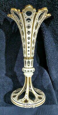 Antique Bohemian Moser cut overlay glass Gilt decorated 10 1/2 lily vase