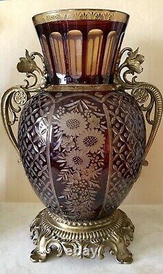 Antique Bohemian Ruby Cut Glass Vase With Gilded Ormoly Base And Handles
