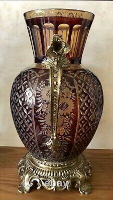 Antique Bohemian Ruby Cut Glass Vase With Gilded Ormoly Base And Handles