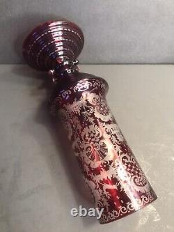Antique Bohemian glass Vase/Ruby red/Cut glass/Rabbit/Deer/Bird/Castle/C. 1920