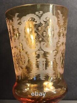 Antique Bohemian glass vase/Goblet/YellowithEtched/C. 1920/Bird Flower Fox/Crystal