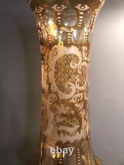 Antique Bohemian glass vase/YellowithEtched/Deer /Castle /Stag/Czech C1920/H 17
