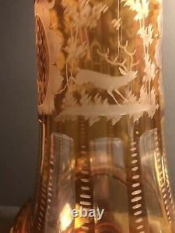 Antique Bohemian glass vase/YellowithEtched/Deer /Castle /Stag/Czech C1920/H 17