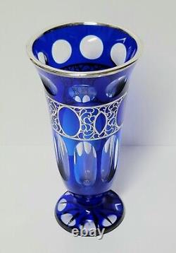 Antique Cobalt Blue Cut To Clear Glass Vase With Sterling Overlay