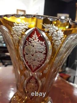 Antique Cranberry Amber Cut Art Glass Bohemian Vase