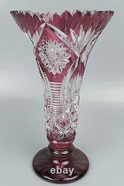 Antique Cranberry Cut To Clear Cut Glass Vase Val St. Lambert VSL Ruby Red GL