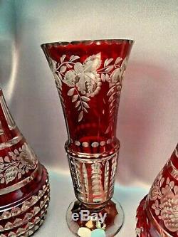 Antique Cranberry Cut to Clear Bohemian Art Glass Moser Etched Decanter Vase Set