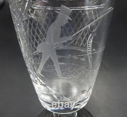 Antique Cut Crystal Glass Celery Vase Unique Man Fishing Engraved Design