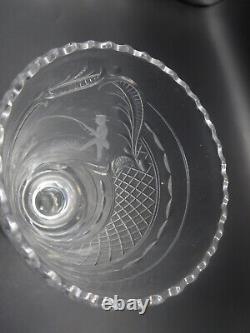 Antique Cut Crystal Glass Celery Vase Unique Man Fishing Engraved Design