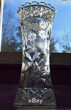 Antique Cut Glass Vase American Brilliant Flower Period 12 Tall