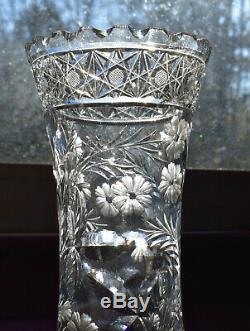 Antique Cut Glass Vase American Brilliant Flower Period 12 Tall
