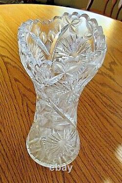 Antique Cut Glass Vase Etched Unique Design Wheat Starburst 10