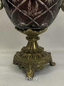 Antique Cut-to-Clear Ruby Red Glass and Bronze Urn