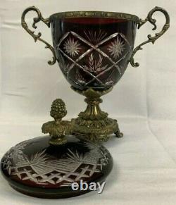 Antique Cut-to-Clear Ruby Red Glass and Bronze Urn