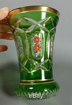 Antique Czech Bohemian Moser Green Cut to Clear Crystal Hand Painted Vase Gilt