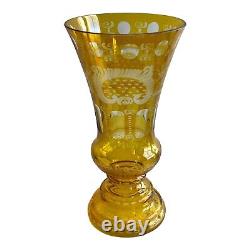 Antique Egermann Bohemian Czech Amber Cut to Clear Glass Vase 12 tall Mint