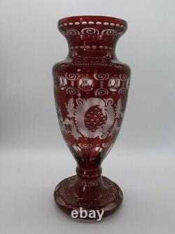 Antique Egermann Cut to Clear Ruby Red Vase Signed