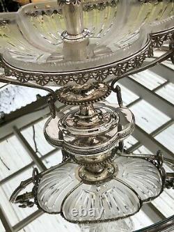 Antique English Silver Plate Epergne with Cut-glass Vase & Bowl & 2 winged Putti
