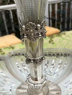 Antique English Silver Plate Epergne with Cut-glass Vase & Bowl & 2 winged Putti