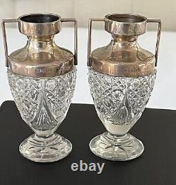 Antique English Sterling Silver Cut Glass PAIR Two Handle Vase Birmingham 1903