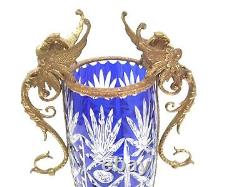 Antique Figural Cut Clear Blue Glass Bronze Gargoyle Dragon Vase Centerpiece