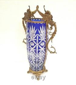 Antique Figural Cut Clear Blue Glass Bronze Gargoyle Dragon Vase Centerpiece
