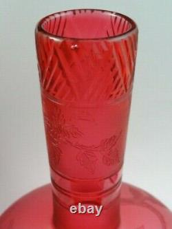 Antique French Bohemian Cranberry Flowering Raspberry Acid Etched Cut Glass Vase