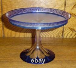 Antique Frosted & Cut To Clear Cobalt Blue Glass Comport Compote Tazza Greek Key