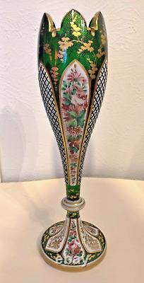 Antique Green White Cased Cut Floral Glass Vase Early Czech 17 Tall