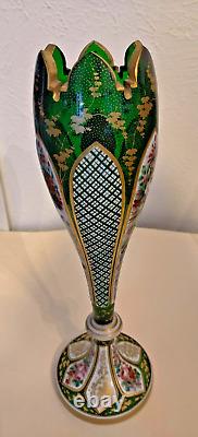 Antique Green White Cased Cut Floral Glass Vase Early Czech 17 Tall
