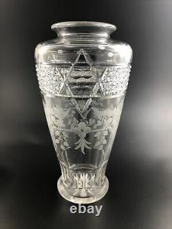 Antique Hawkes ABP Brilliant Cut & Floral Engraved Glass 8 7/8 Vase Signed