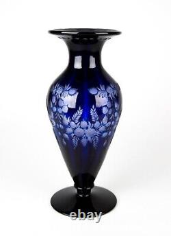 Antique Hawkes Cobalt Blue Floral Engraved Cut to Clear Glass Vase 13 Signed