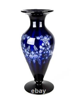 Antique Hawkes Cobalt Blue Floral Engraved Cut to Clear Glass Vase 13 Signed