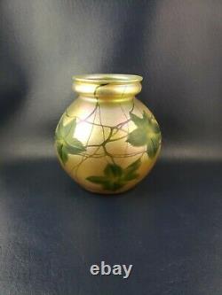 Antique LCT Tiffany Favrile Gold Iridescent Leaves Intaglio Cut Art Glass Vase