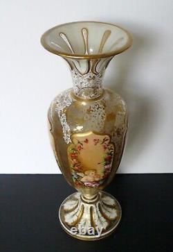 Antique MOSER White Overlay Cut To Clear Glass Vase 4 Floral Medallions & Angel