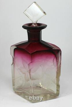 Antique Moser Art Glass Perfume Cranberry to Clear Intaglio Cut with Stopper