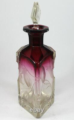 Antique Moser Art Glass Perfume Cranberry to Clear Intaglio Cut with Stopper